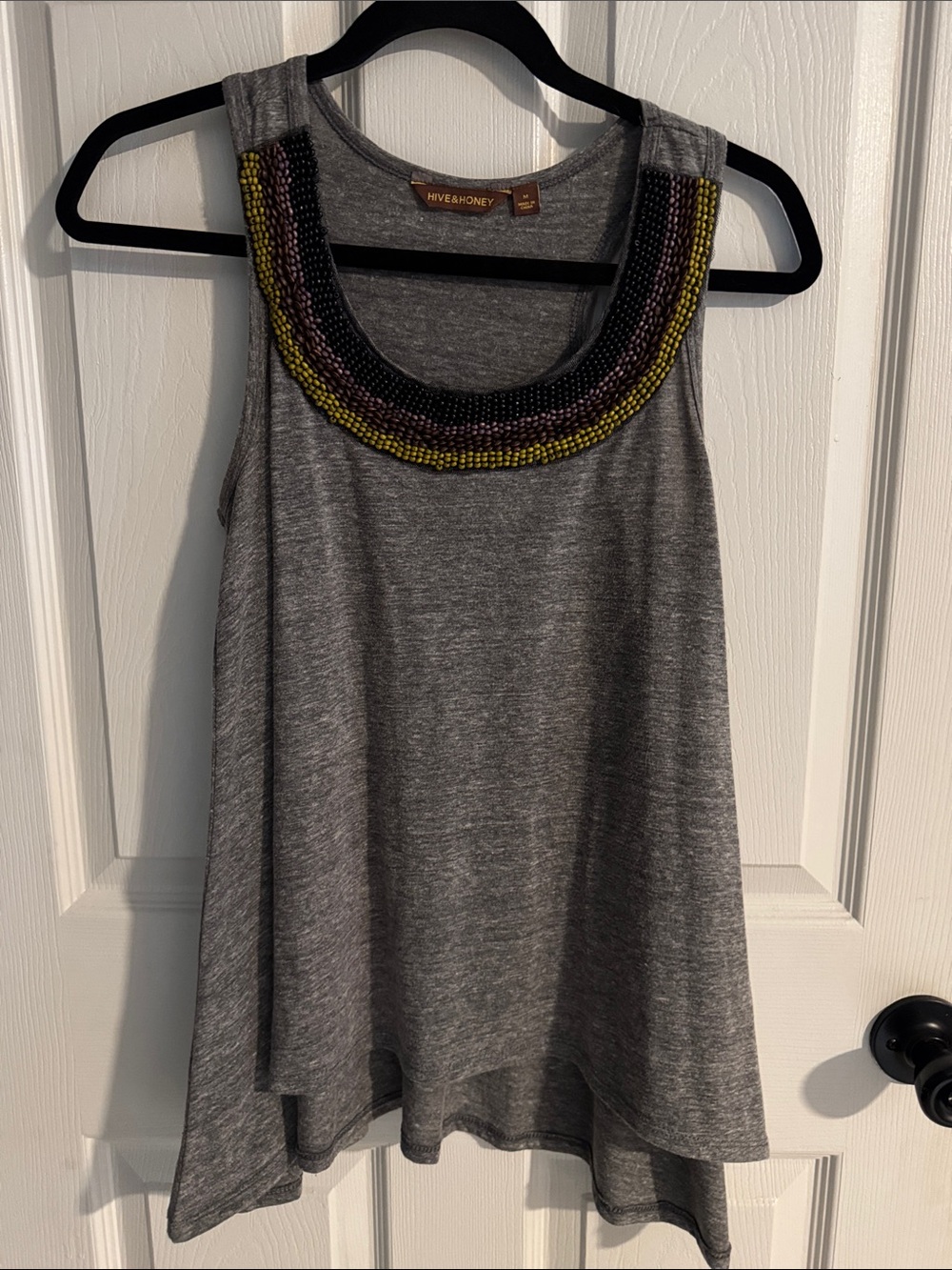 Hive & Honey Gray Tank Top with Yellow & Purple Beaded Neckline